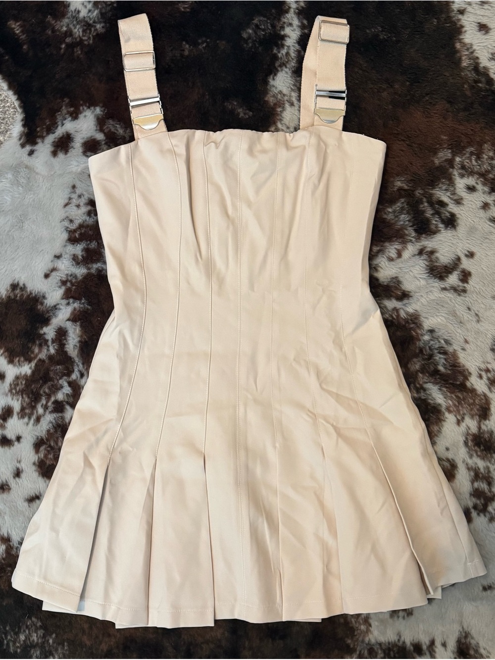 Small Taupe Pleated Mini Dress with Adjustable Straps - NWT